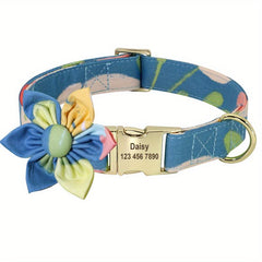Flower Engraved Personalized Dog Collar - Adjustable Nylon Collar