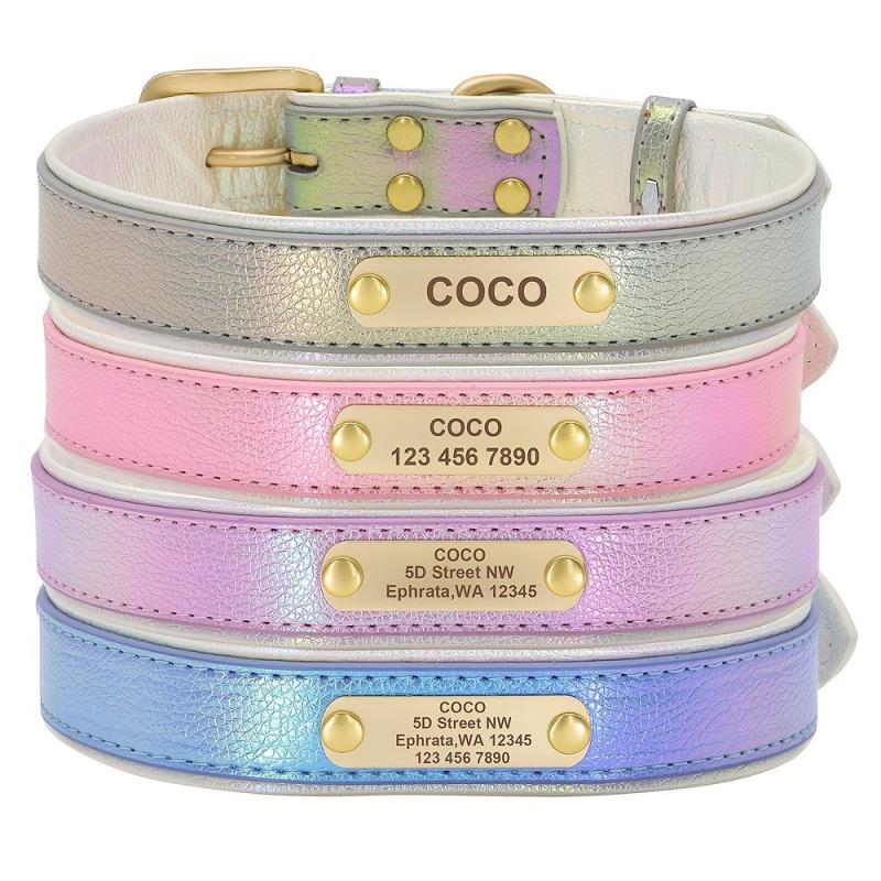 Personalized PU Leather Dog Cat Collar Adjustable ID Nameplate
