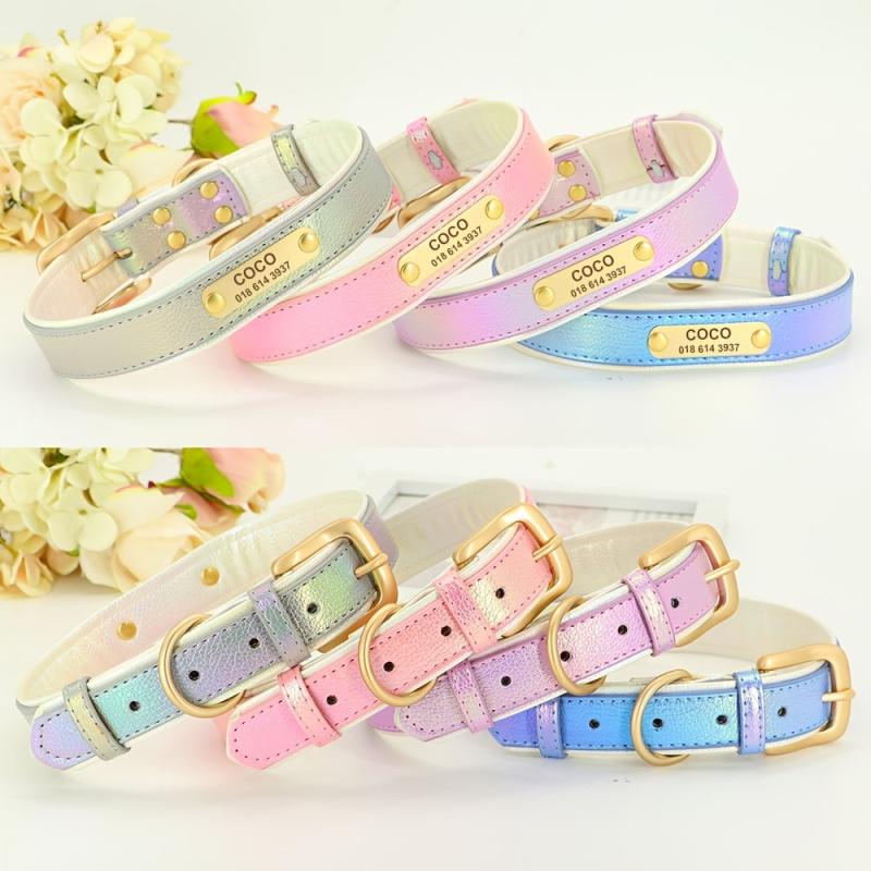Personalized PU Leather Dog Cat Collar Adjustable ID Nameplate