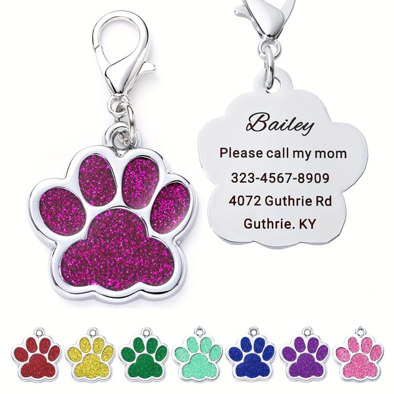 Custom Glitter Paw Print Dog ID Tag - Personalized Engraved Pet Collar Tag