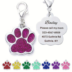Custom Glitter Paw Print Dog ID Tag - Personalized Engraved Pet Collar Tag