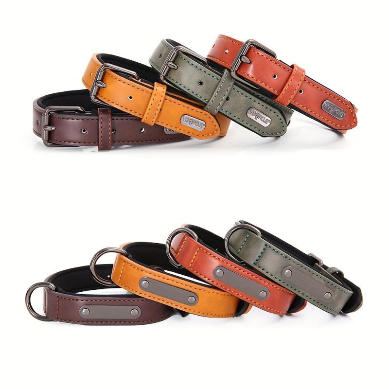 Custom Leather Dog Collar, Personalized Engrave Nameplate, Adjustable Pet Collar