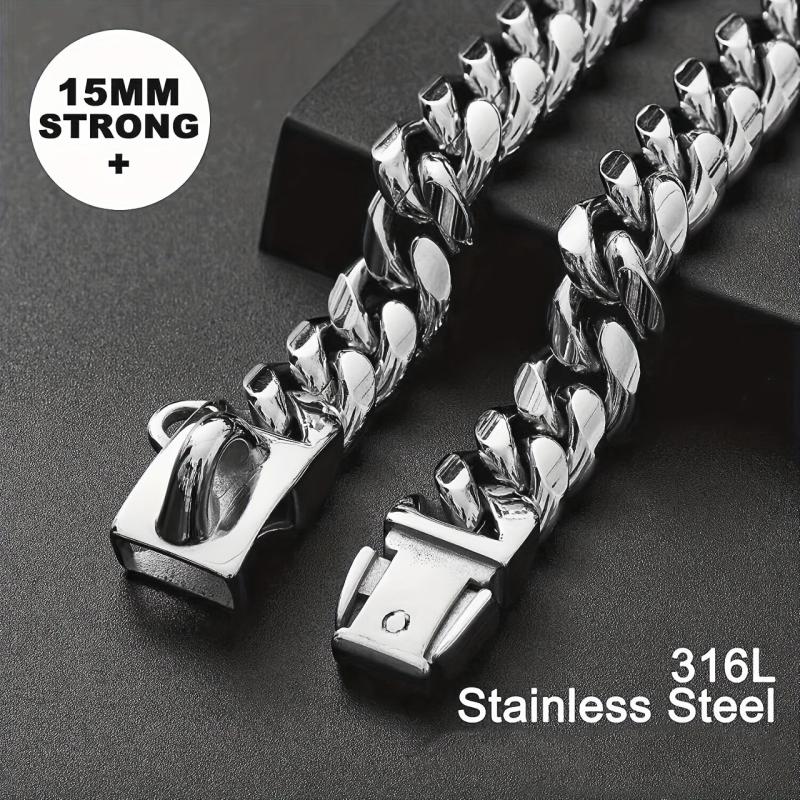 14mm Stainless Steel Dog Collar Waterproof Heavy Duty Silver Cuban Chain