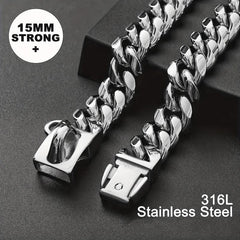 14mm Stainless Steel Dog Collar Waterproof Heavy Duty Silver Cuban Chain
