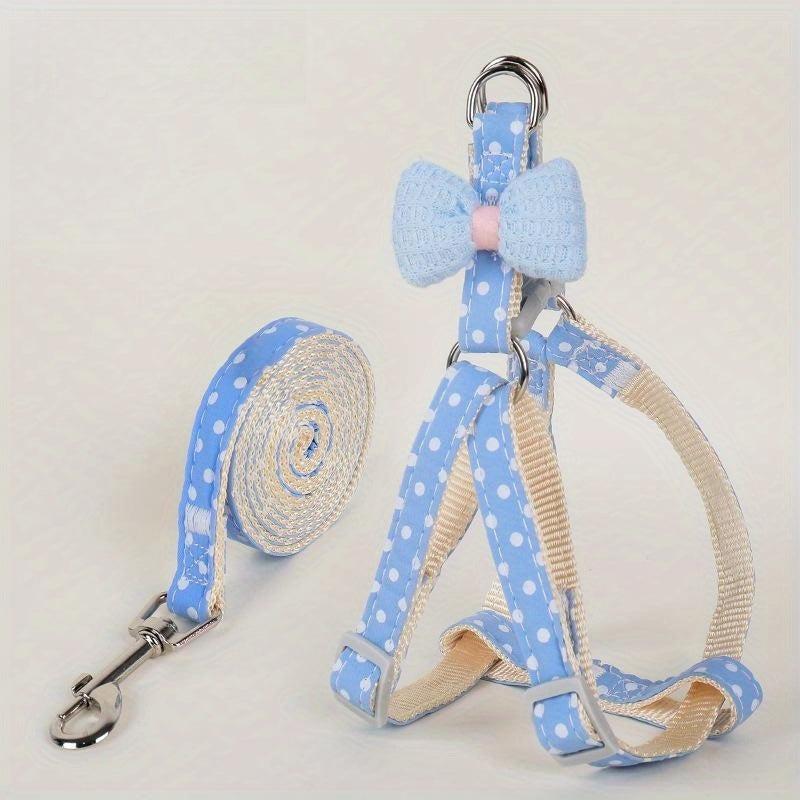 Cartoon Print Pet Chest Harness With Leash Bow Decor Dog Harness