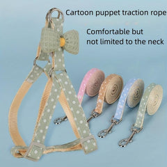 Cartoon Print Pet Chest Harness With Leash Bow Decor Dog Harness