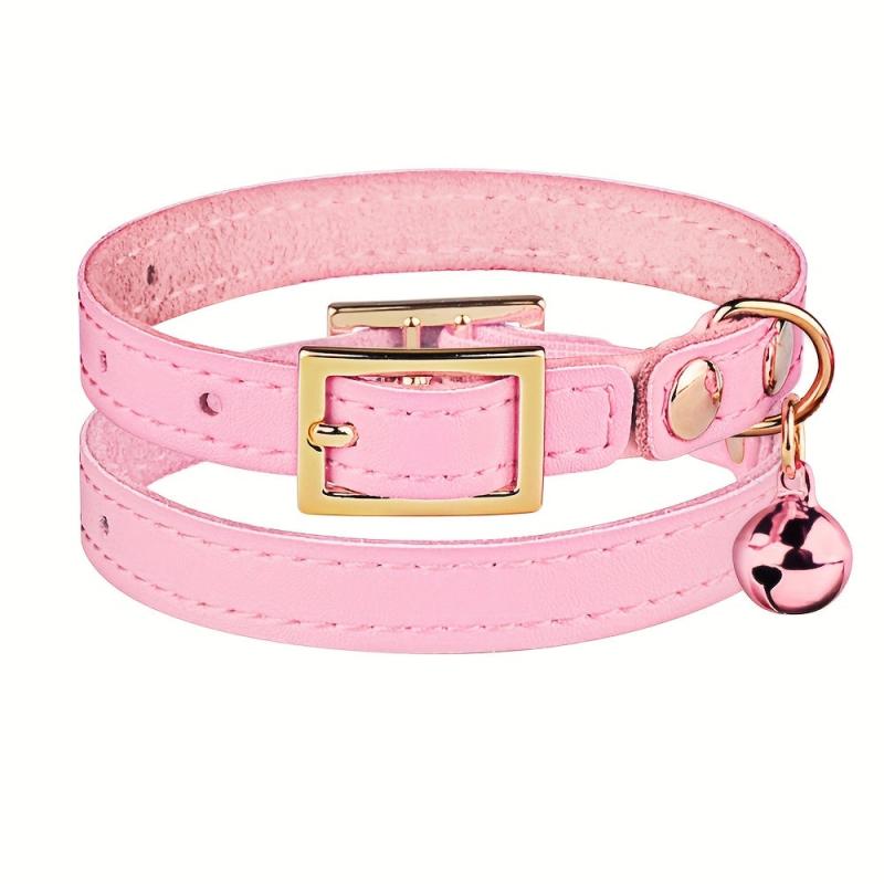 Leather Collar For Kitten Cat Pet Collar With Bell Adjustable Elastic Strap