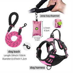 3pcs Escape Proof Dog Harness Set with Leash and Poop Bag Dispenser