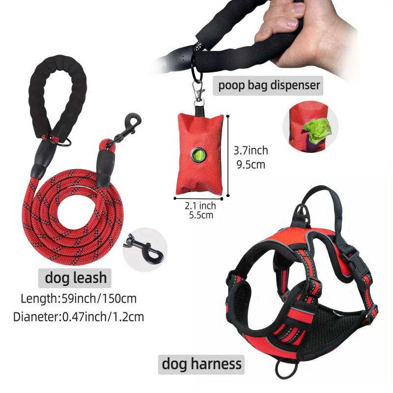 3pcs Escape Proof Dog Harness Set with Leash and Poop Bag Dispenser
