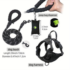 3pcs Escape Proof Dog Harness Set with Leash and Poop Bag Dispenser