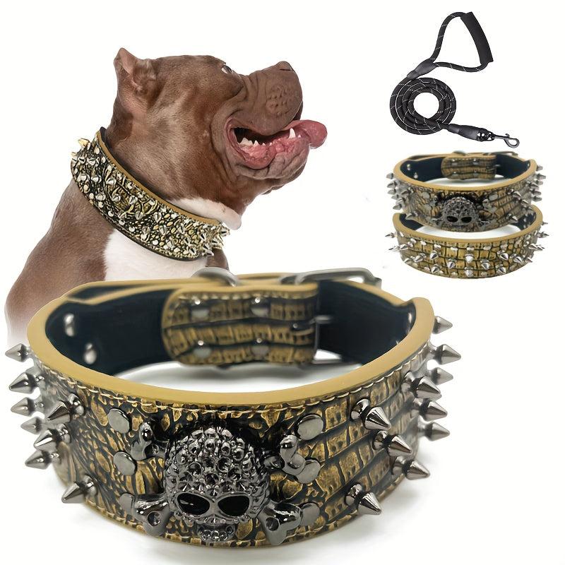 Spiked Studded Leather Dog Collar With Leash Rivet PU Leather Dog Collar