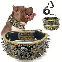 Spiked Studded Leather Dog Collar With Leash Rivet PU Leather Dog Collar