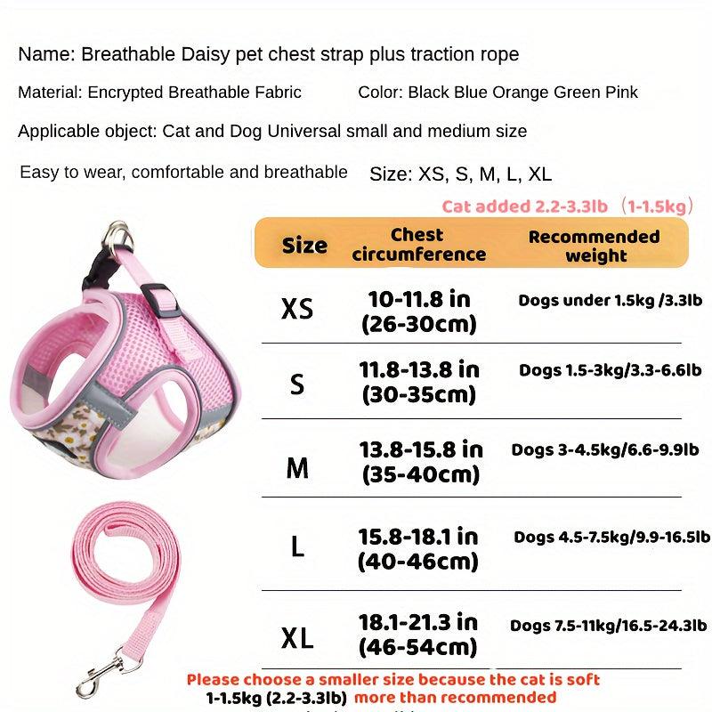 Pet Floral Pattern Chest Strap And Leash Set for Small and Medium Cats and Dogs