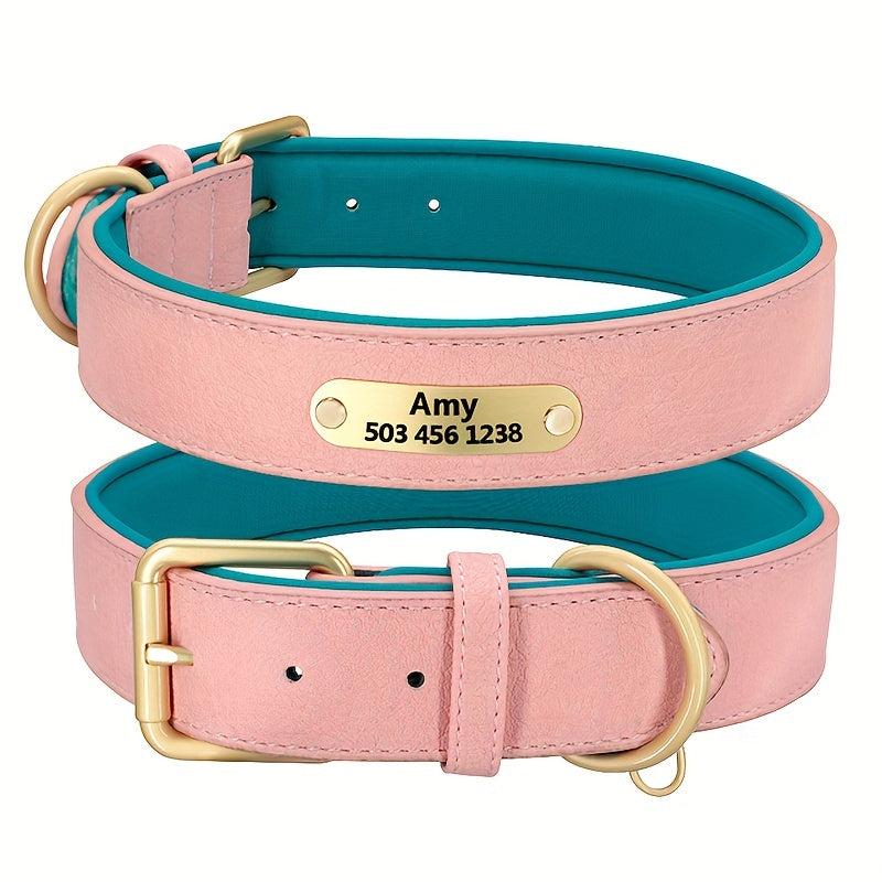 Personalized Litchi Pattern Leather Dog Collar with Engraved Plate