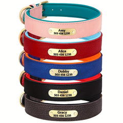 Personalized Litchi Pattern Leather Dog Collar with Engraved Plate