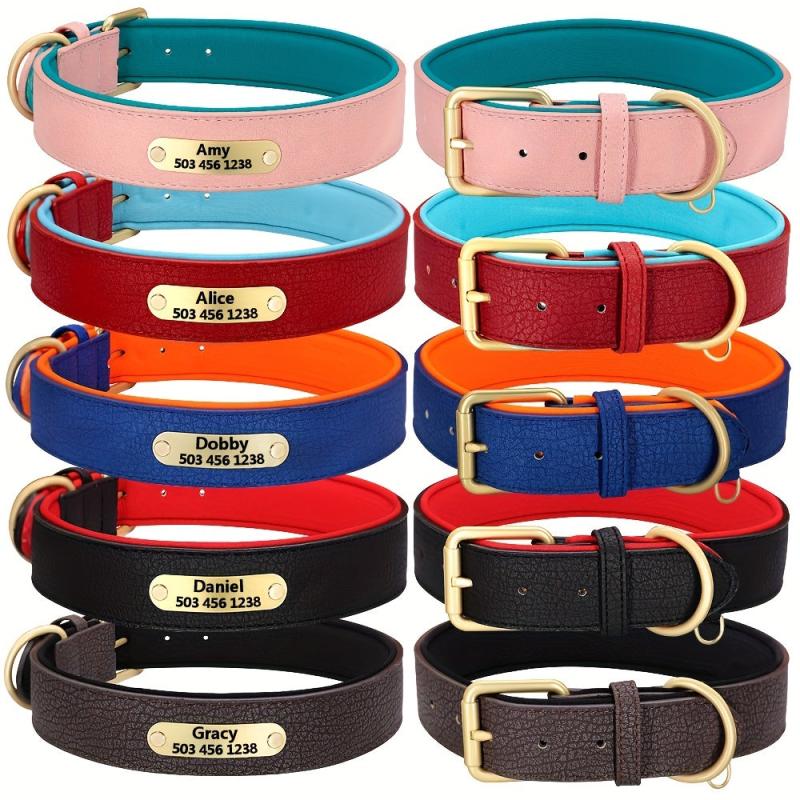 Personalized Litchi Pattern Leather Dog Collar with Engraved Plate
