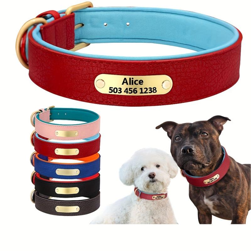 Personalized Litchi Pattern Leather Dog Collar with Engraved Plate