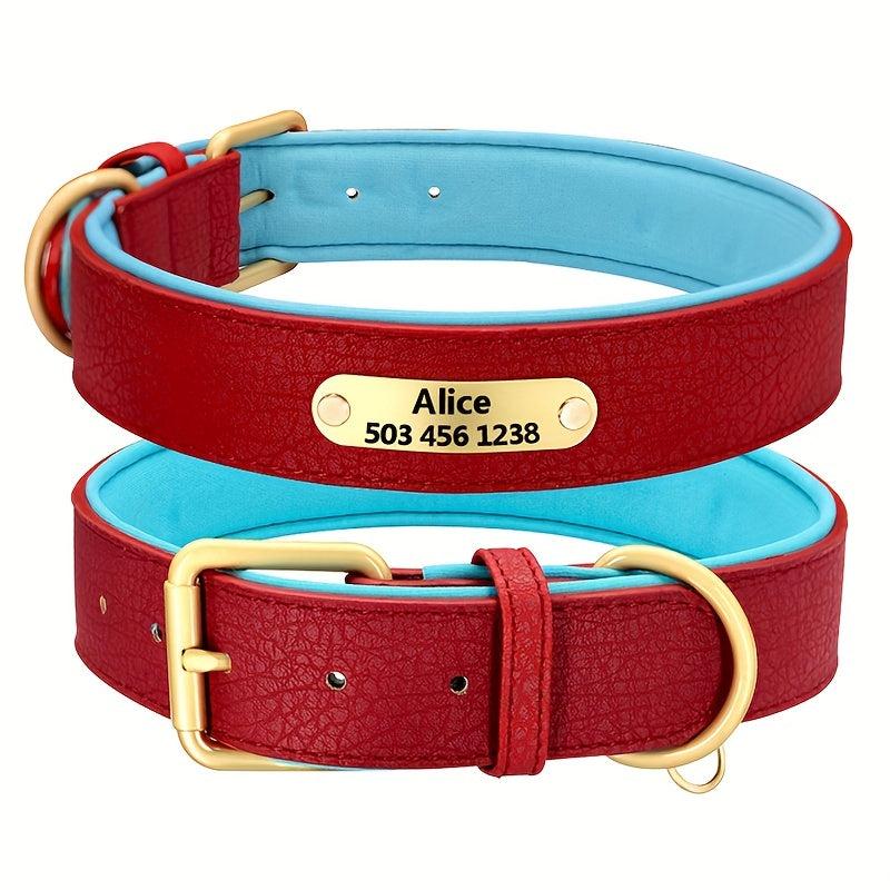 Personalized Litchi Pattern Leather Dog Collar with Engraved Plate