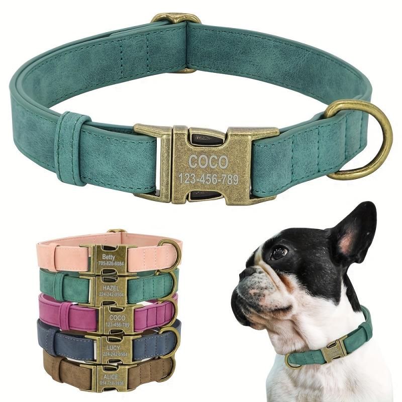 Personalized Leather Dog Collar with Name Plate, Quick Release Buckle
