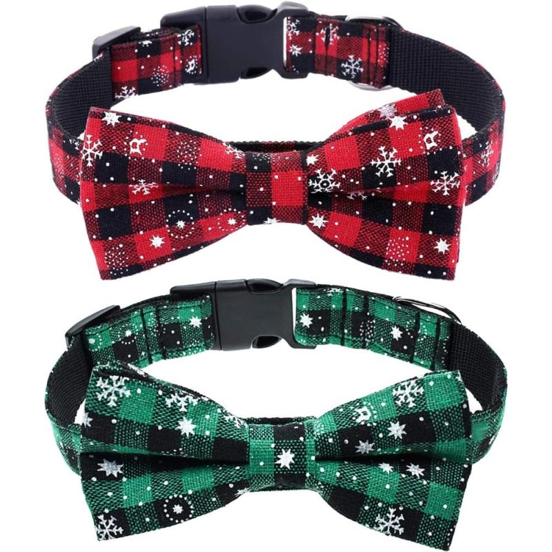 Christmas Dog Collar Plaid Snowflake Pattern Adjustable Bow Tie Collar
