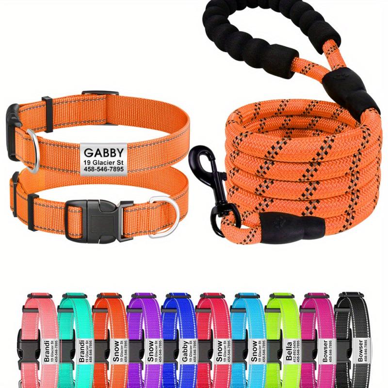 Personalized Reflective Dog Collar and Leash Set for Girl and Boy Dogs