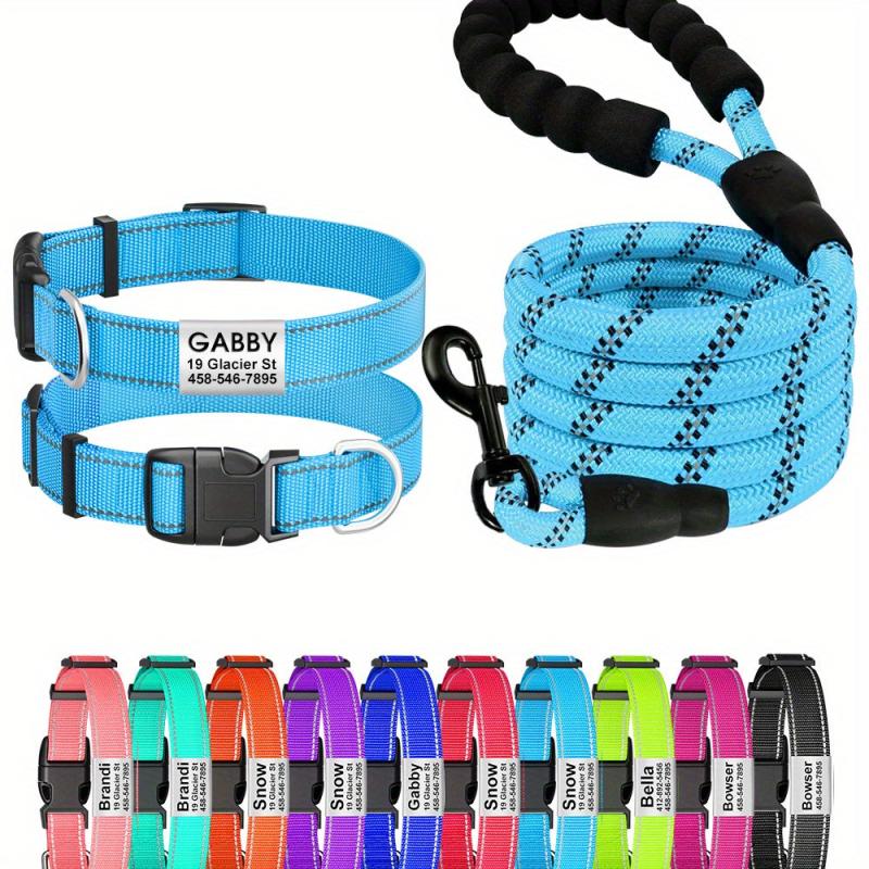 Personalized Reflective Dog Collar and Leash Set for Girl and Boy Dogs