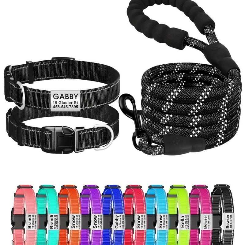 Personalized Reflective Dog Collar and Leash Set for Girl and Boy Dogs