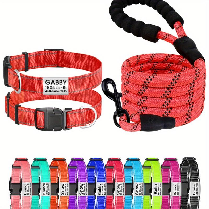 Personalized Reflective Dog Collar and Leash Set for Girl and Boy Dogs