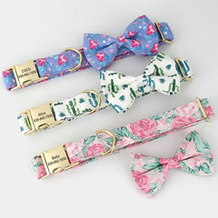 Personalized Flower Engraved Dog ID Collar Anti-lost Bowknot