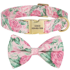 Personalized Flower Engraved Dog ID Collar Anti-lost Bowknot