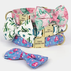 Personalized Flower Engraved Dog ID Collar Anti-lost Bowknot
