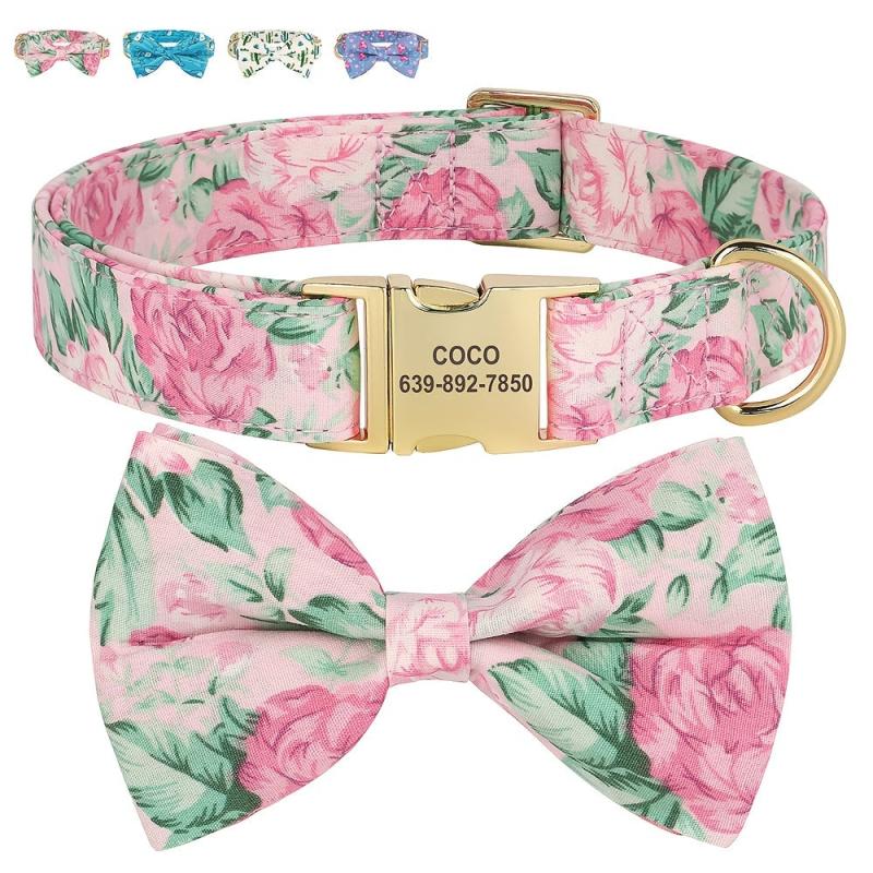 Personalized Flower Engraved Dog ID Collar Anti-lost Bowknot