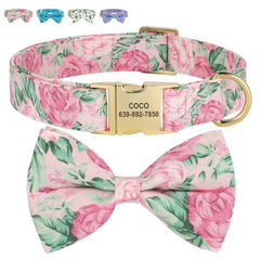 Personalized Flower Engraved Dog ID Collar Anti-lost Bowknot
