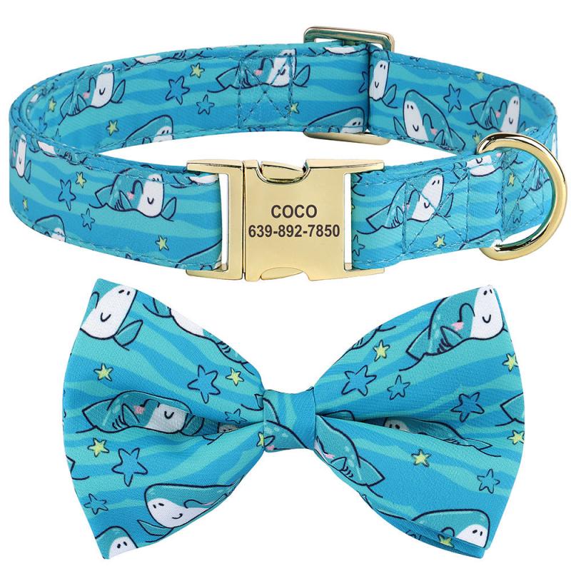 Personalized Flower Engraved Dog ID Collar Anti-lost Bowknot