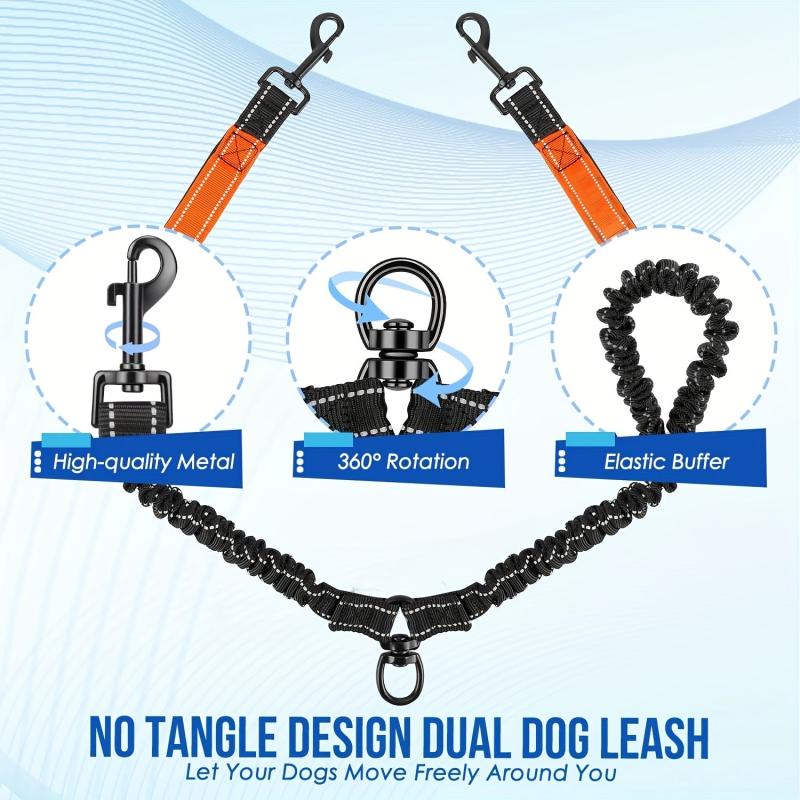 Reflective Dual Dog Leash 360 Swivel Tangle-Free Large Dogs Training Leash