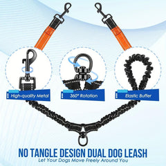 Reflective Dual Dog Leash 360 Swivel Tangle-Free Large Dogs Training Leash