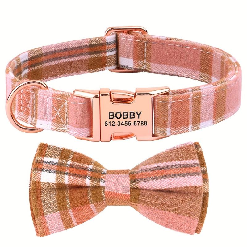 Custom Plaid Pet Collar Personalized Dog Collars With Bowtie