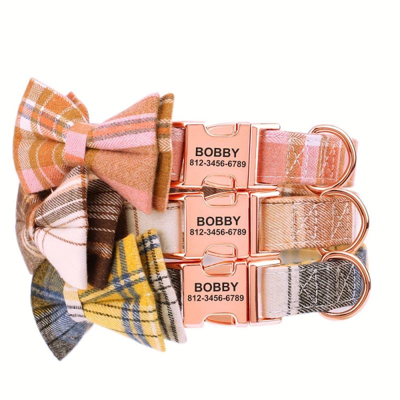 Custom Plaid Pet Collar Personalized Dog Collars With Bowtie