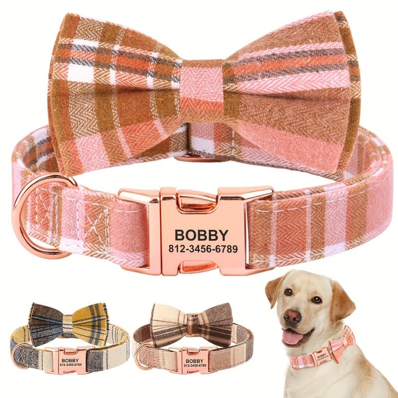 Custom Plaid Pet Collar Personalized Dog Collars With Bowtie