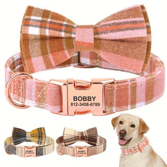 Custom Plaid Pet Collar Personalized Dog Collars With Bowtie