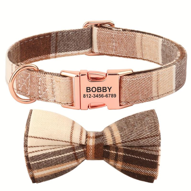 Custom Plaid Pet Collar Personalized Dog Collars With Bowtie