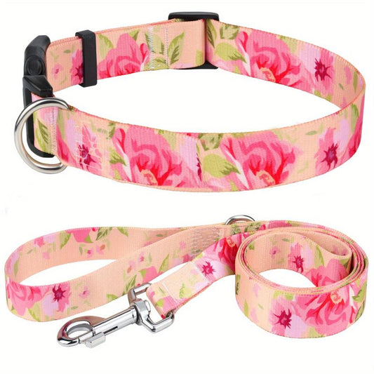 Taglory Floral Geometric Dog Collar and Leash Set for Dogs