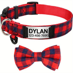 Plaid Bow Tie Dog Collar with ID Tag