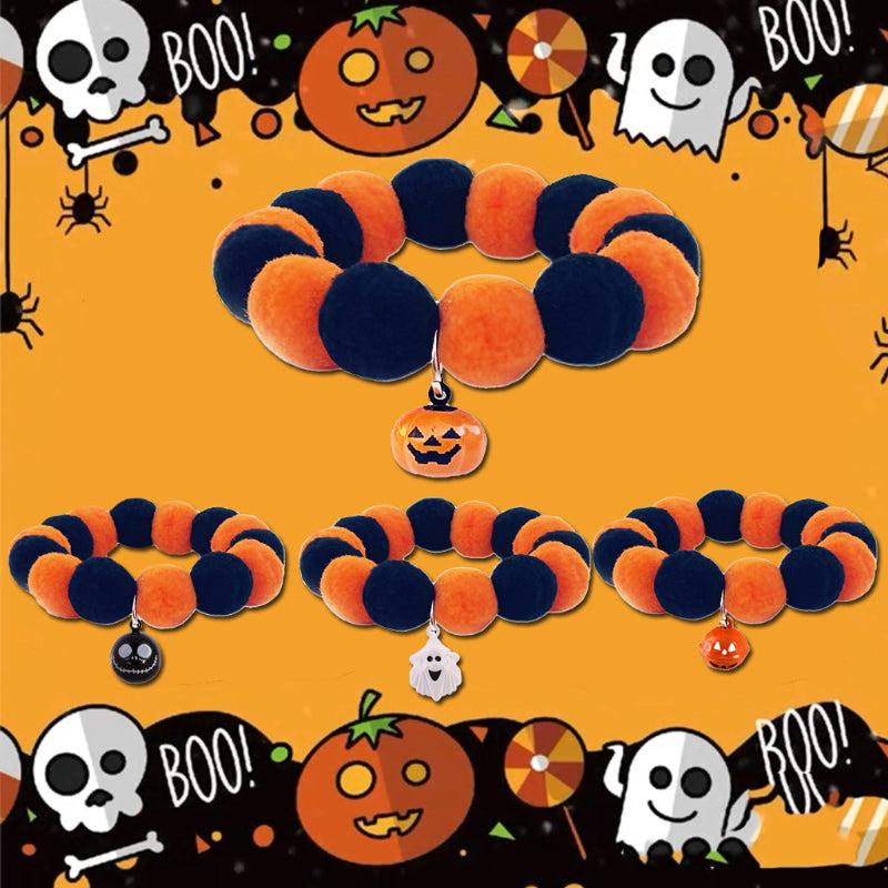Halloween Dog Collar w/ Pumpkin Bell Elastic Adjustable Pet Accessory