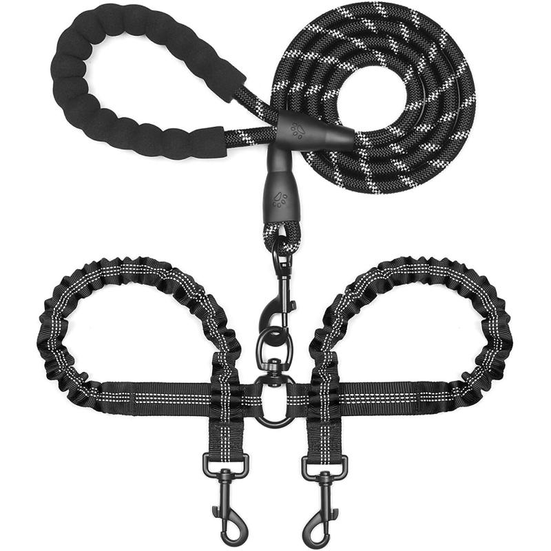 Reflective Dual Dog Leash with Shock Absorbing Bungee for Two Dogs