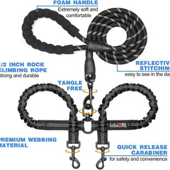 Reflective Dual Dog Leash with Shock Absorbing Bungee for Two Dogs