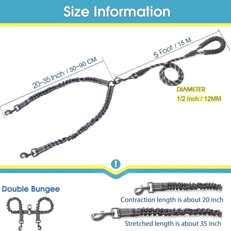 Reflective Dual Dog Leash with Shock Absorbing Bungee for Two Dogs