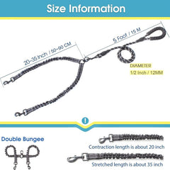 Reflective Dual Dog Leash with Shock Absorbing Bungee for Two Dogs
