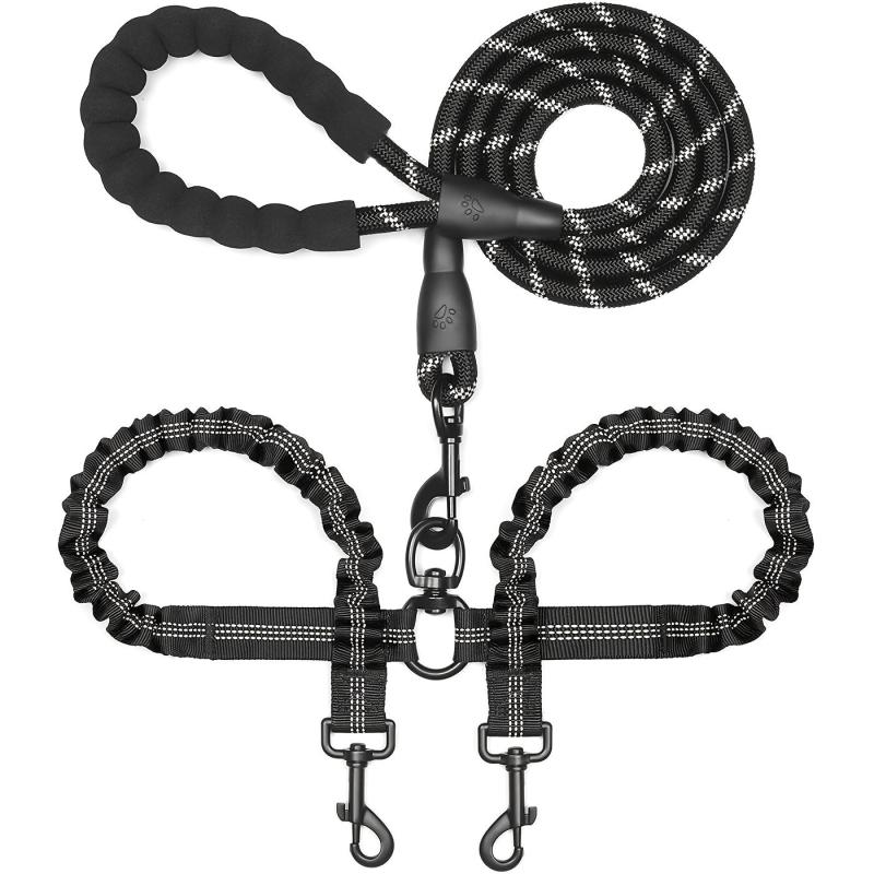 Reflective Dual Dog Leash with Shock Absorbing Bungee for Two Dogs