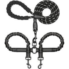 Reflective Dual Dog Leash with Shock Absorbing Bungee for Two Dogs